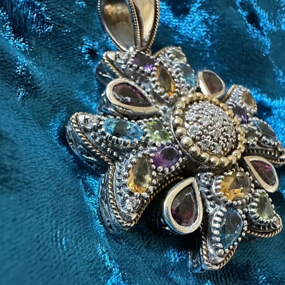 EFFY Sterling Silver and 18k Yellow Gold Multi Gemstone & Diamond Cross Pendant - Picture 3 of 12